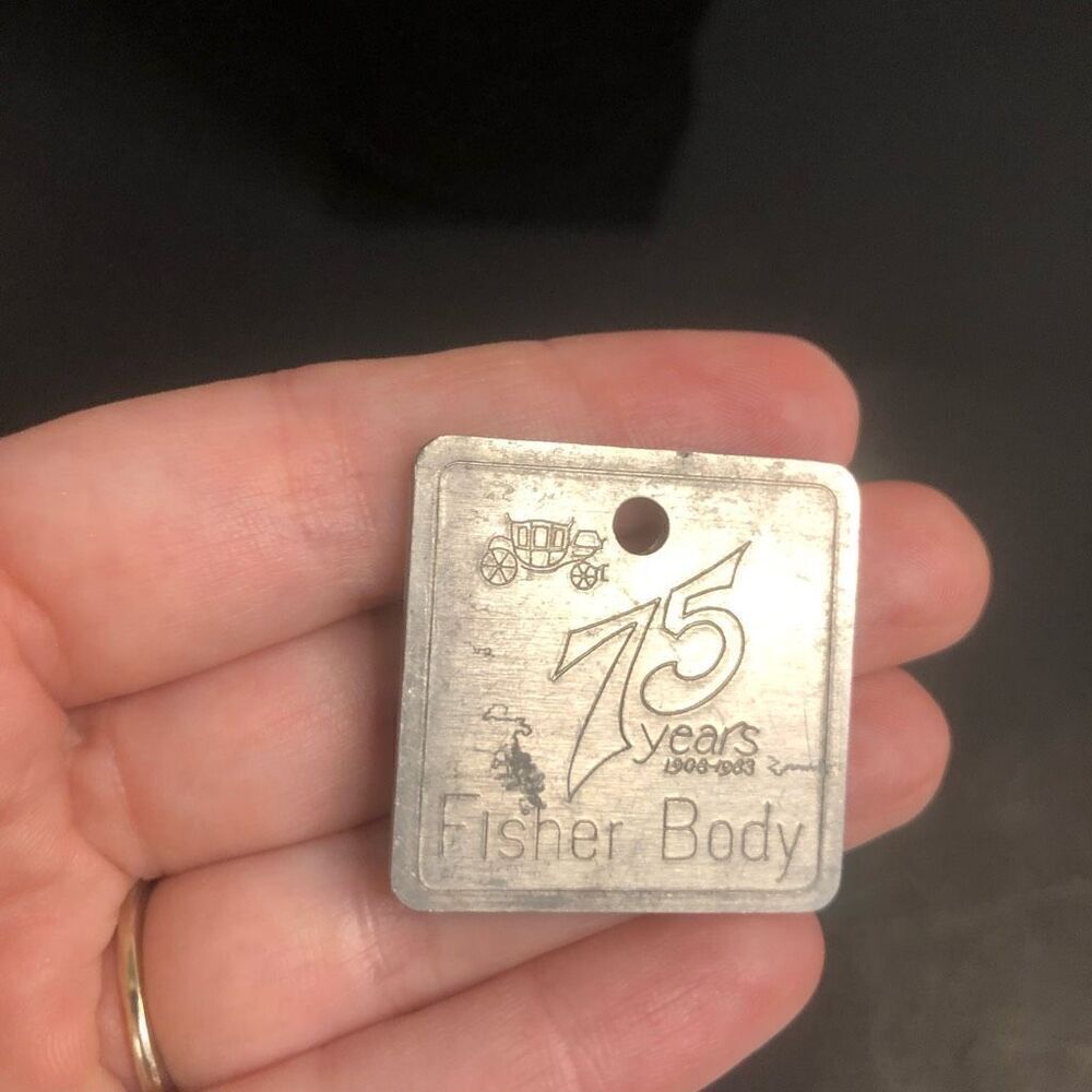 1983‎ gm body by fisher 75th anniversary metal key chain silver tone square 1.25